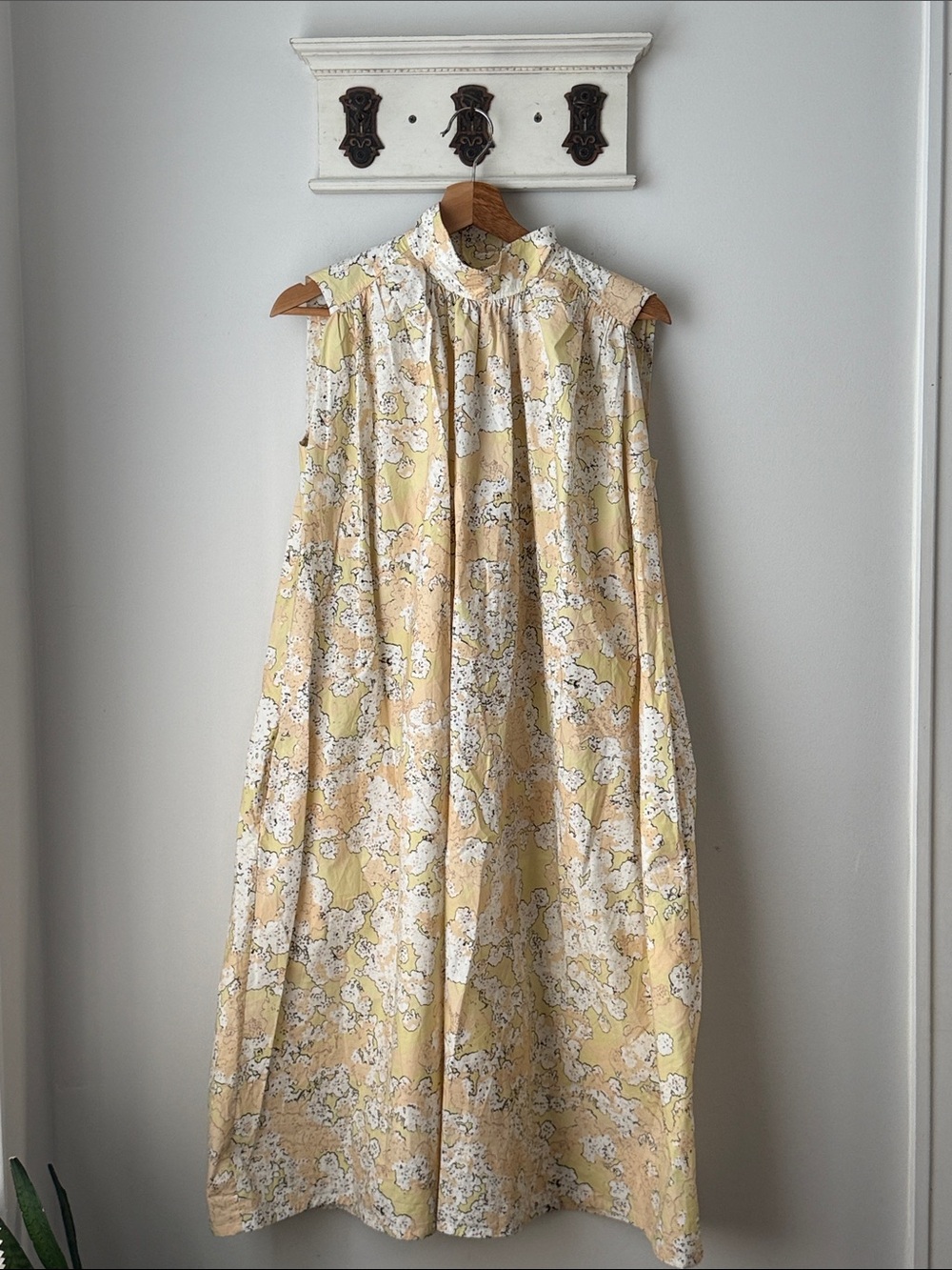 COS Cream and Yellow Floral Print Dress Overiszed Cotton High Neck